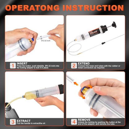 H-veenjor 200 CC Automotive Fluid Extractor Pump, Oil Change Syringe with Extra 32" Soft Hose & Two 9" Tubes, Manual Extraction and Fill Pump, Fluid Oil Change Evacuator with Powerful Suction - size: 200CC
