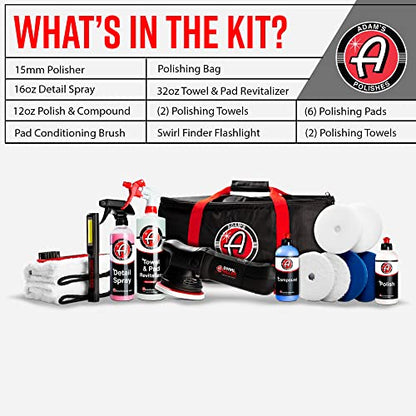 Adam's Polishes Swirl Killer 15mm Polisher Kit 16 Item Buffer Polisher Dual Action Machine Use W/Car Polish, Polishing Compound, or Car Scratch Remover | Detailing Car Wash Clay Bar Ceramic Coating - size: 15mm Polishing Kit (16 Item)
