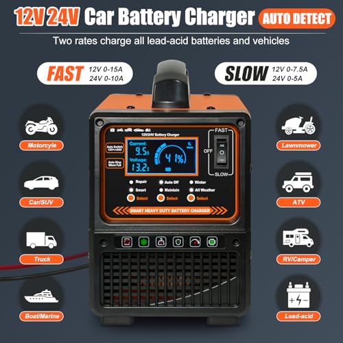 12V 24V Car Battery Charger Heavy Duty, Portable 0-15A Smart Battery Maintainer/Trickle Charger with Repair, Auto Shutoff, Winter/Summer Mode for Car Truck Boat RV Lawn Mower AGM Lead-Acid Deep Cycle