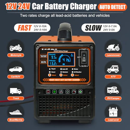 12V 24V Car Battery Charger Heavy Duty, Portable 0-15A Smart Battery Maintainer/Trickle Charger with Repair, Auto Shutoff, Winter/Summer Mode for Car Truck Boat RV Lawn Mower AGM Lead-Acid Deep Cycle