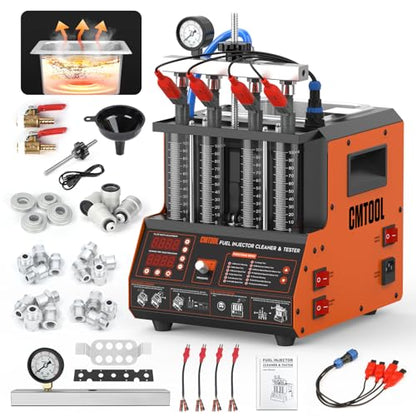 CMTOOL Ultrasonic Fuel Injector Cleaner Tester Machine 12 Functions with 45℃ Heating Cleaning Fluid 110V Fuel System Injection Cleaning Kit for 4 Cylinder Diesel Gasoline Car Motorcycle (Orange Pro)