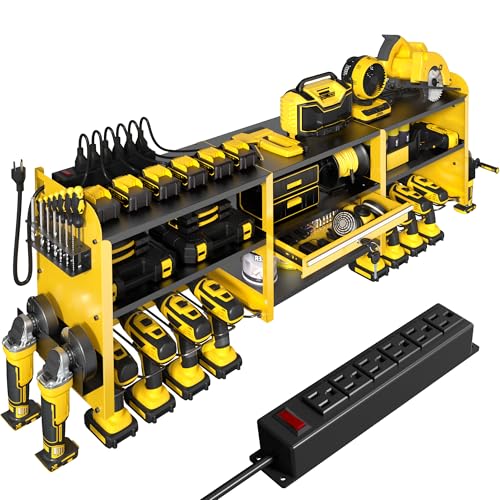 KSVO Large Power Tool Organizer Wall Mount with Locking Drawers, Grinder Holder, Hammer & Pliers Rack, & 6-Outlet Charging Shelf – Heavy Duty Metal Tool Storage for Garage & Workshop - color: Yellow