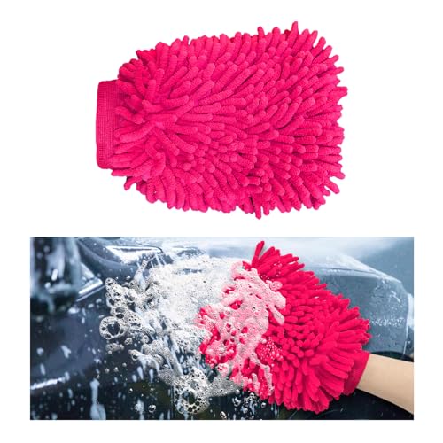 Ziciner Premium Microfiber Wash Mitt, Soft Scratch-Free Double-Sided Chenille Washing Gloves Perfect for Car Washing and Detailing (Pink, Large) - color: Pink