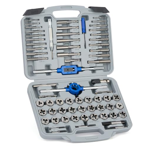 OMT 66pc SAE Metric Tap Die Set, Thread Repair Tool Kit w Screw Extractors | SAE Inch Size #4 to 1/2” and Metric Size M3 to M12, Heat-Treated GCr15 Steel, 5" Center Punch Included, Stripped Bolt Repair - size: 66 pc Metric and SAE