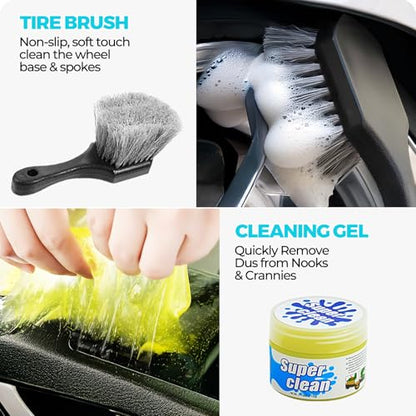 ALFLOD 30Pcs Car Detailing Kit for Interior, Exterior and Wheel Cleaning | Brushes, towels, wash mitt, cleaning gel, detail brushes and extendable-handle duster for vehicle, home and office care tasks