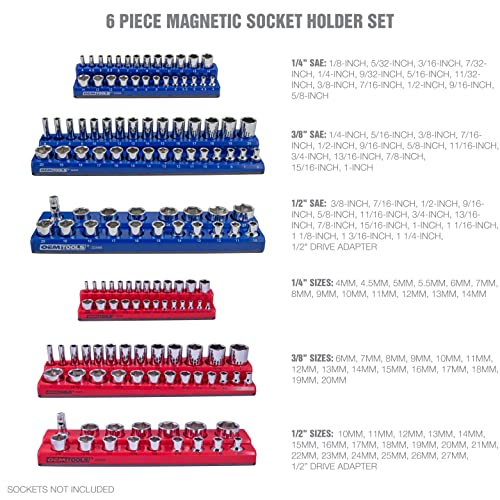 OEMTOOLS 22489 6 Pack Set Metric and SAE Magnetic Socket Organizers, Tool Box Socket Organizer for 1/4, 3/8, and 1/2 Inch Drive Sockets, Red and Blue - style: Red and Blue