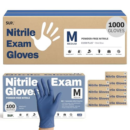 SUP Powder-Free Nitrile Exam Gloves, Food Safe Latex-Free Medical Non-Sterile Cooking Disposable Glove, Blue 100/1000 Count - color: Medium (Med Blue 1000)