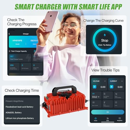 10L0L 48V 15A Golf Cart Battery Charger for Yamaha G29 Drive & Drive 2, 3-Pin Leaf Plug, Smart Charger for 48V Lead-Acid, Lithium and LiFeP04 Batteries, IP67 Waterproof - Red - color: Red