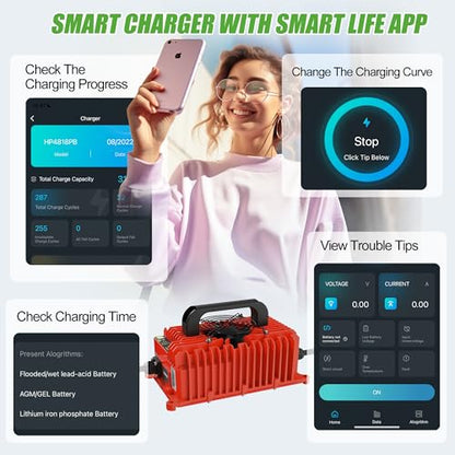 10L0L 48V 15A Golf Cart Battery Charger for Yamaha G29 Drive & Drive 2, 3-Pin Leaf Plug, Smart Charger for 48V Lead-Acid, Lithium and LiFeP04 Batteries, IP67 Waterproof - Red - color: Red