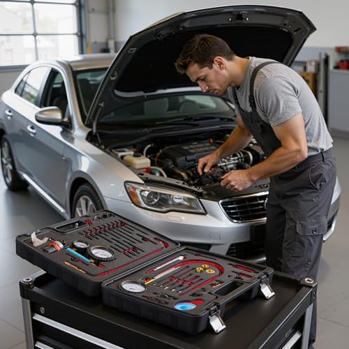 VEVOR Engine Cylinder Compression Tester Kit, 0-700 PSI Pressure Gauge & 0-100 PSI Leak Gauge, Automotive Leak Down Tester Kit with 4 Adapters, Pressure Check & Leakage Rate Test on Cars, Motorcycles