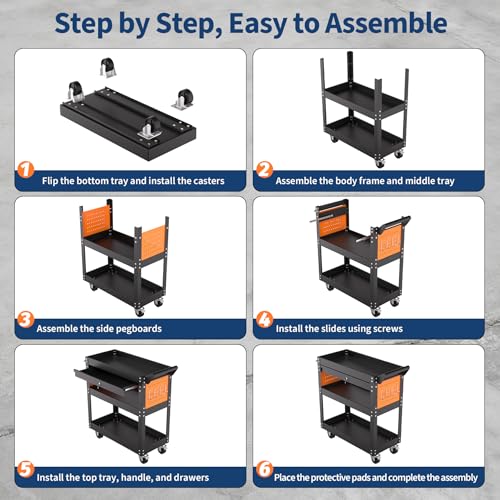 4-Tier Rolling Tool Cart On Wheels, Heavy Duty 350 Lbs Capacity Metal Mechanic Tool Cart with Lockable Drawer & Side Pegboards for Garage Workshop Repair Shop
