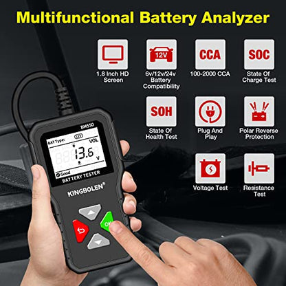 KINGBOLEN BM550 6V 12V 24V Car Battery Tester, 100-2000 CCA Voltage Tester 2Ah-220Ah Internal Resistance Tester Accurate Digital Auto Battery Analyzer for Cars Trucks SUV ATV Boats Motorcycles Vehicle - style: BM550 battery tester