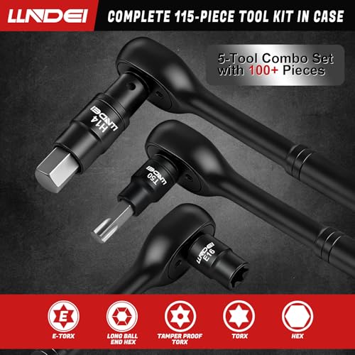 LLNDEI 115-Piece Torx & Allen Bit Socket Set, 1/4",3/8"and 1/2" Drive, Extra Long Torx//Tamper Proof Torx/Hex/Ball End Hex Socket Set, S2 Steel, SAE/Metric, with Ratchet Wrench & Adapters