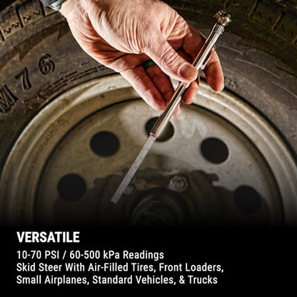 Milton S-920 Pencil Tire Pressure Gauge With Tread Depth Gauge, Built-in Deflator Valve, For Higher-Pressure Automobile Tires, Durable Plated Brass, Pressure Measured In PSI & kPa