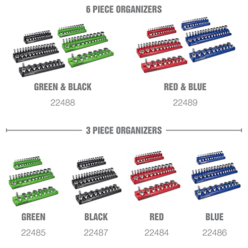 OEMTOOLS 22489 6 Pack Set Metric and SAE Magnetic Socket Organizers, Tool Box Socket Organizer for 1/4, 3/8, and 1/2 Inch Drive Sockets, Red and Blue - style: Red and Blue