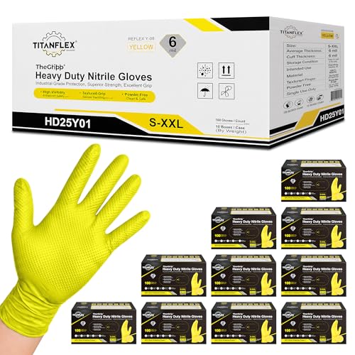 TitanFlex Heavy Duty Industrial Nitrile Gloves with Raised Diamond Texture, 6-mil, Latex Free (Dark Green/Yellow) - color: 06 Yellow (1000ct), size: XX-Large