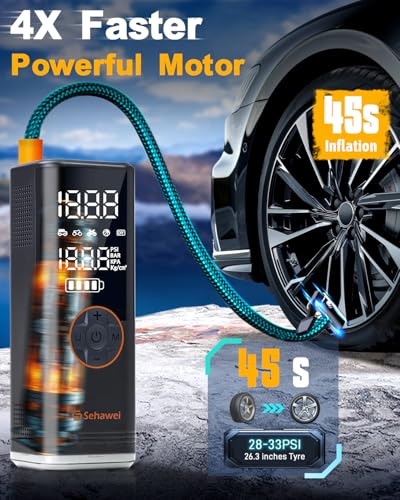 Sehawei Tire Inflator Portable Air Compressor,4X Faster 150PSI & 20000mAh Air Pump for Car Tires,Electric Air Pump with Digital Dual LCD Display for Cars,Motorcycles,Bikes,Balls