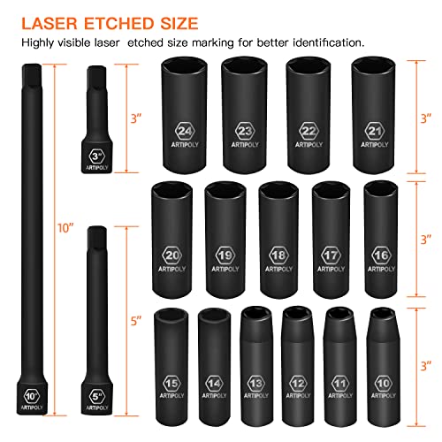 ARTIPOLY 20 Pieces 1/2" Drive Metric Deep Impact Socket Set,10mm-24mm no skip, Includes Extension Bars, Universal Joint and Adapter, 6 Point Design, Meets ANSI Standards - style: 1/2" socket set metric