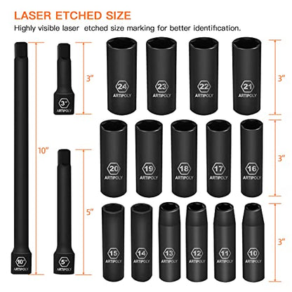 ARTIPOLY 20 Pieces 1/2" Drive Metric Deep Impact Socket Set,10mm-24mm no skip, Includes Extension Bars, Universal Joint and Adapter, 6 Point Design, Meets ANSI Standards - style: 1/2" socket set metric