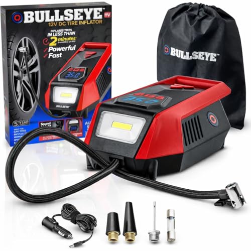Bullseye 12V DC Car Tire Inflator Portable Air Compressor - Rapid 2 Minute Inflation, Auto Shut-Off, Max 150 PSI, Easy Cord Storage, Digital Pressure Gauge, Works For Bikes, Motorcycles, Inflateables