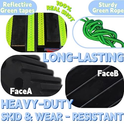 Heavy Duty Rubber Wheel Chocks with Reflective Strips - Set of 4 (8x6x4 Inch) - All-Weather, Non-Slip & Wear-Resistant & Portable Parking Security for Truck, RV, Trailer,SUV (006-Green)