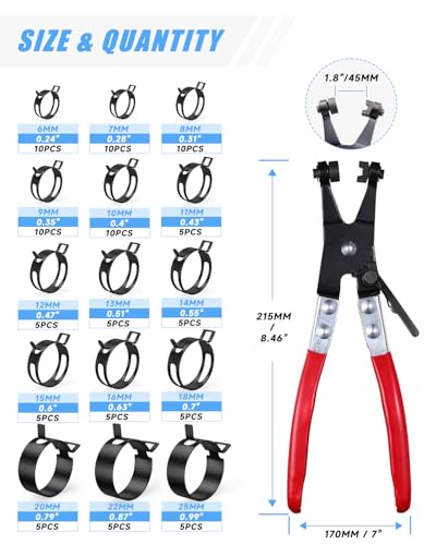100Pcs Spring Band Hose Clamps Assortment 6-25mm with Swivel Flat Hose Clamp Plier – Carbon Steel Constant Tension Clamps for Auto, Fuel Line, Plumbing & DIY - size: Black-100Pcs-15Size(6-25mm)