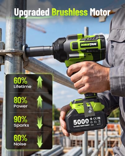 Robustrue Cordless Impact Wrench,1475Ft-lbs (2000N.m) 1/2 High Torque Brushless Impact Gun, 18V Power Impact Driver, 2 * 5000mAh Battery,5 Sockets, Brushless Variable Speeds for Car/Truck RV/Mower