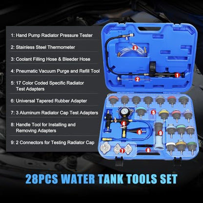 JIFETOR Radiator Pressure Leak Tester Coolant Vacuum Refill Tool 28PCS Kit | Universal Automotive Water Tank Leakage Test Detector & Cooling System Pneumatic Purge Coolant Change Set 21PCS Adapter Caps - color: Blue Case