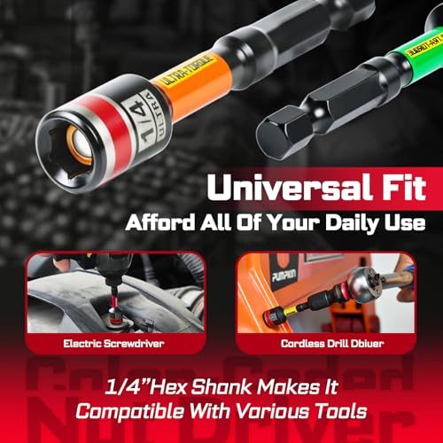 Geinxurn Impact Nut Driver Set, 10 Pieces 2.56”Long 1/4”5/16”3/8”7/16” 1/2”6 Point Alloy Steel Magnetic SAE Nut Setter Set Use For Require Installing 1/4 Hex Shank Impact Driver with Case Box - size: 2.56", style: MIXS-10pcs