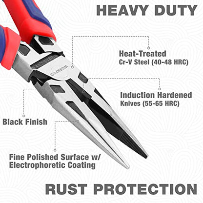 WORKPRO Premium 8” Needle Nose Pliers, Paper Clamp Precision, Heavy-Duty CRV Steel, Large Soft Grip with Wire Cutter, Long Nose Cutting Pliers, W031269 - style: 8-inch