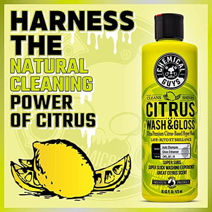 Chemical Guys CWS_301_16M Car Wash Starter Bundle - Citrus Wash & Gloss Foaming Car Wash Soap, 16 oz, Citrus Scent + Green Chenille Wash Mitt (2 Items) Works on Cars, Trucks, SUVs, RVs & More - size: 16 oz