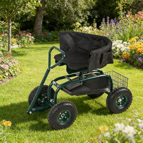 Kinfant Garden Seat with Ergonomic Backrest – Rolling Garden Stool with Height Adjustable & 360° Swivel Seat with Wheels, Gardening Cart Bench, Tool Storage, for Yard, Patio Green - color: With Backrest-green