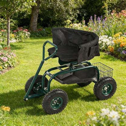 Kinfant Garden Seat with Ergonomic Backrest – Rolling Garden Stool with Height Adjustable & 360° Swivel Seat with Wheels, Gardening Cart Bench, Tool Storage, for Yard, Patio Green - color: With Backrest-green