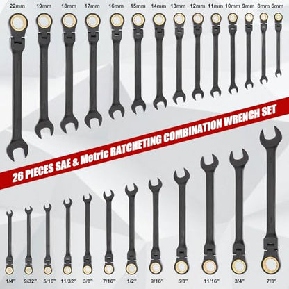 EMENTOL 26 Pieces Flex-Head Ratcheting Wrench Set, Heavy-Duty Combination Wrenches, Metric 6-22mm & SAE 1/4-7/8", 72 Teeth, CR-V Steel, with Organizer Box