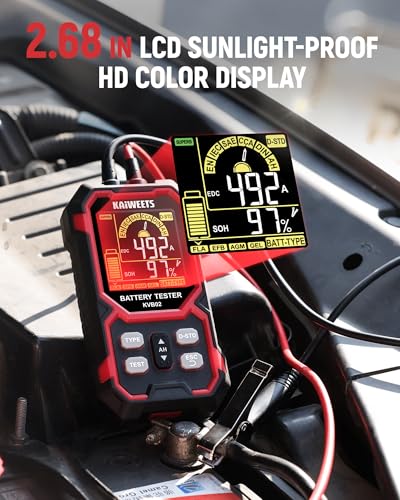 KAIWEETS Car Battery Tester, 12V/24V Automotive Battery Diagnostic Tool, 50-2000 CCA Load Capacity, Digital Battery Analyzer & Voltage Meter for Cars, Trucks, Motorcycles, SUVs, Boats & Marine Use