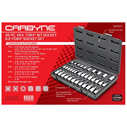 CARBYNE 36-Piece Hex (Allen) & Torx Bit Socket, SAE and Metric Hex, S2 Steel Bits, CrV Sockets, 1/4 in. 3/8 in. 1/2 in. Drive, Zinc Phosphate Bit Finish, Genuine Licensed Torx