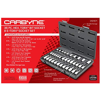 CARBYNE 36-Piece Hex (Allen) & Torx Bit Socket, SAE and Metric Hex, S2 Steel Bits, CrV Sockets, 1/4 in. 3/8 in. 1/2 in. Drive, Zinc Phosphate Bit Finish, Genuine Licensed Torx