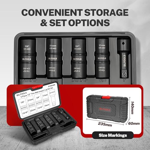BILITOOLS 5pc Flip Lug Nut Socket Set, 1/2" Drive Metric & SAE Non-Marring | CR-MO Steel, Thin Wall, 6-Point Flank Drive, Metric 17-22mm & SAE 3/4-15/16", Color-Coded, Impact-Rated, Storage Case - style: Standard Metric & SAE