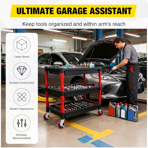 3-Tier Rolling Utility Cart with 4" Swivel Wheels, Heavy-Duty Plastic Tool Cart for Auto Detailing, Garage & Workshop - size: 3-Tier