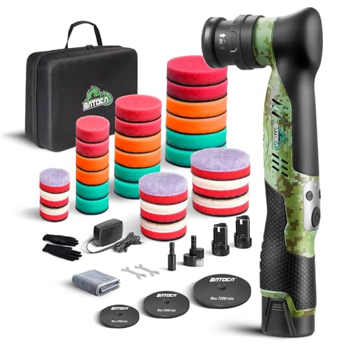 BATOCA S5 Cordless Mini Car Polisher Buffer DA Dual Action Rotary Polishing Machine Small Orbital Sander for Car Detailing Polish 1/2/3inch Polishing Pads Kit with 2x 12V Battery 6 Speeds 2000-5500RPM - color: Black & Green