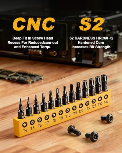 Torx Star Punch & Security Bit Set 13PCS 1-Inch, S2 Steel Tamper Proof Bits with Hole (T4, TT5-TT40) for Electronics, Auto & Impact Driver, 1/4" Hex Shank Specialty Bits