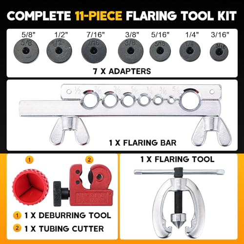 11-Piece Flaring Tool Kit for 45° Single & Double Flares | Brake Line Flare Tool with 7 Adapters, Tube Cutter Deburring Tool for Hydraulic System, Copper Tubing Flare Kit