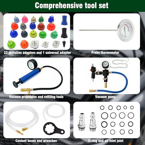 31PCS Coolant Pressure Tester Kit with 22 Radiator Adapters, Cooling System Leak Detector, Vacuum Pump, Vacuum Purge & Refill Tool, Water Tank Leak Test Detector Set for Car -Black