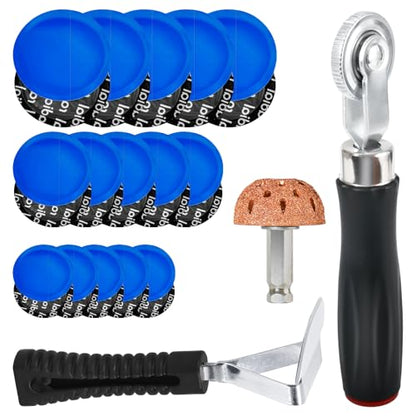 33PCS Tire Repair Patch Tools Tire Patch Kit, 30PCS Tire Patches(32mm/ 42mm/ 58mm with Tire Patch Roller, Tire Repair Buffing Wheel, Tire Inner Liner Scraper for Car Motorcycle Bike