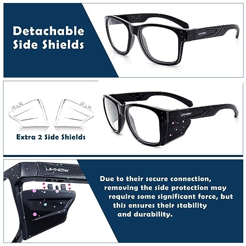 UKNOW Safety Glasses - Anti Fog Lenses - Eye Protection with Side Shields - ANSI Z87.1 Protective Eyewear - UV Protection - color: Black With Blue & Pink Splatters