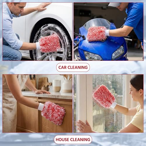 4 Pack Microfiber Car Wash Mitts Set 10x7 Inch Soft Suede Lining Car Wash Gloves, Highly Absorbent Scratch-Free Cleaning Cloths for Auto Detailing, Safe with All Soaps, Bucket (Red) - color: Red