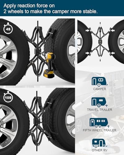 Black X-Shape Wheel Chocks Stabilizer XL [Extended Allow Drill Adjust], Double Sets 4'' to 17'' RV Tire Stabilizers Locked Chocks for Campers Travel Trailers Trucks, Wheel Scissor with Wrench - color: Black
