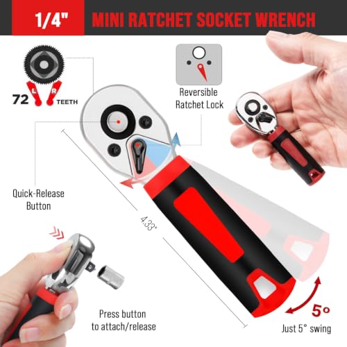 48Pcs 1/4" Mini Ratchet Socket Wrench and Screwdriver Set & Bits | 72-Tooth Ratchet Wrench , Right Angle Ratchet Screwdriver & extension for Auto, motorcycle, Bike Repair & Tight Space DIY