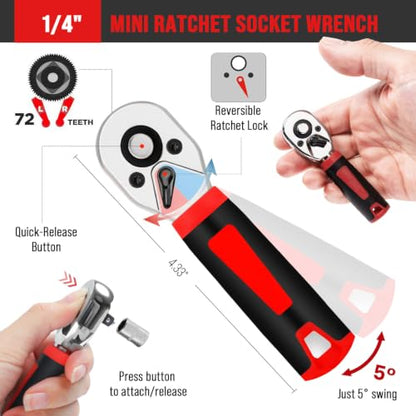 48Pcs 1/4" Mini Ratchet Socket Wrench and Screwdriver Set & Bits | 72-Tooth Ratchet Wrench , Right Angle Ratchet Screwdriver & extension for Auto, motorcycle, Bike Repair & Tight Space DIY