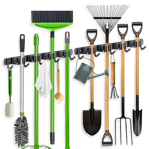 ZONGOOL 2 Pack Mop Broom Holder Wall Mount 4 Racks 5 Hooks Storage Black | 304 Rustproof Stainless Steel Broom Hanger, Non-Slip Wall Mount Organizer, Space Saving For Kitchen, Laundry, Garden - color: Black, size: 2Pack 4R5H
